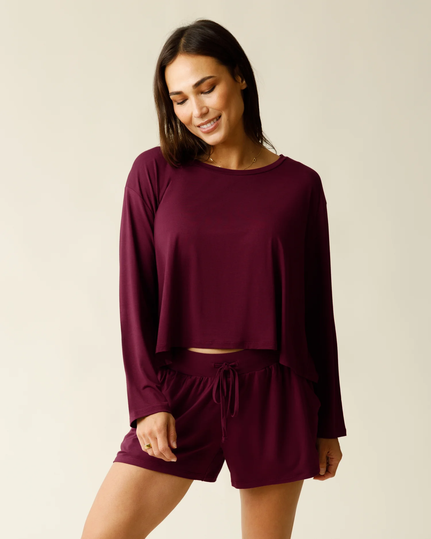 Aria Bamboo Casual Cropped Long Sleeve Top | Deep Burgundy - Image 4