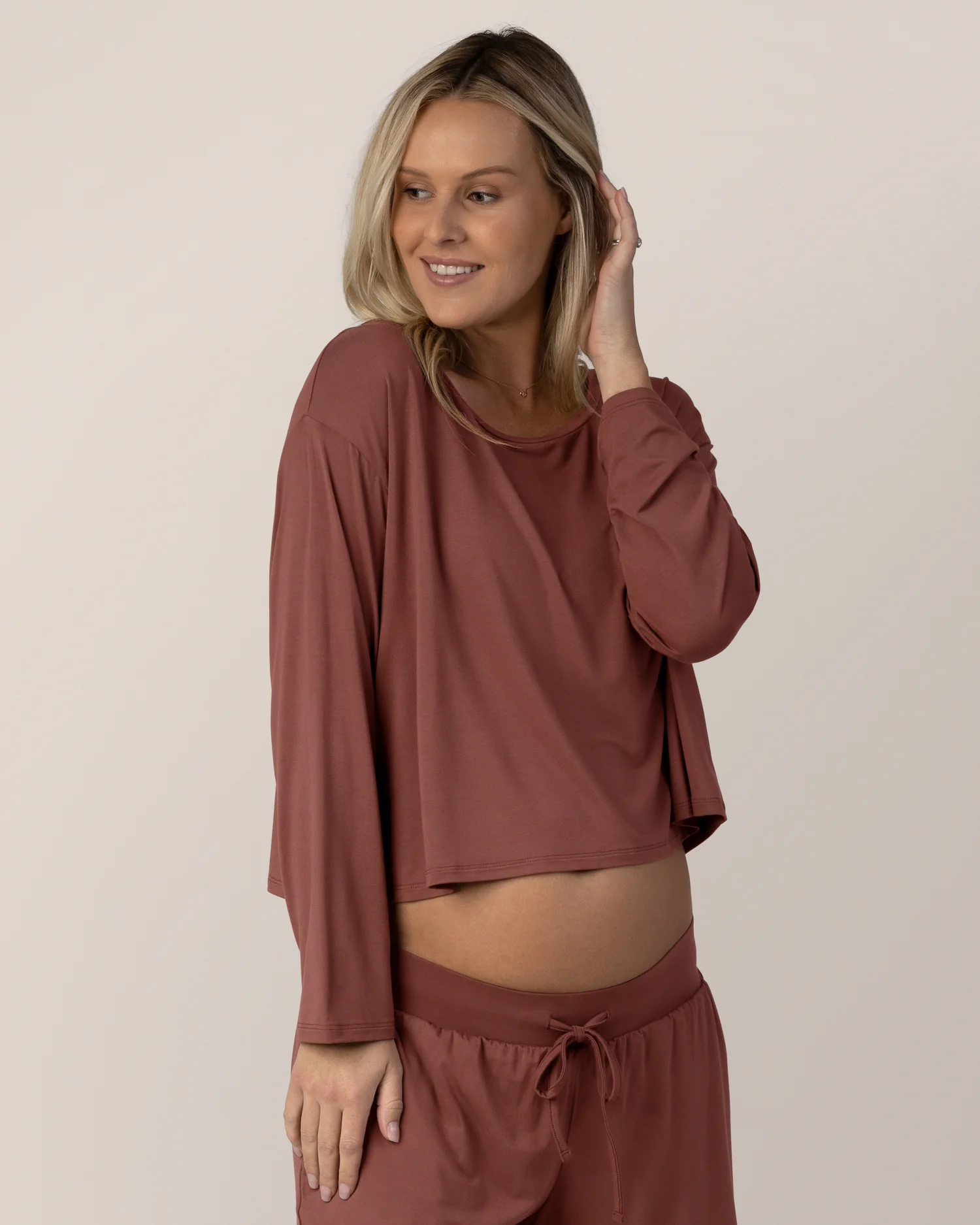 Aria Bamboo Casual Cropped Long Sleeve Top | Redwood - Image 4