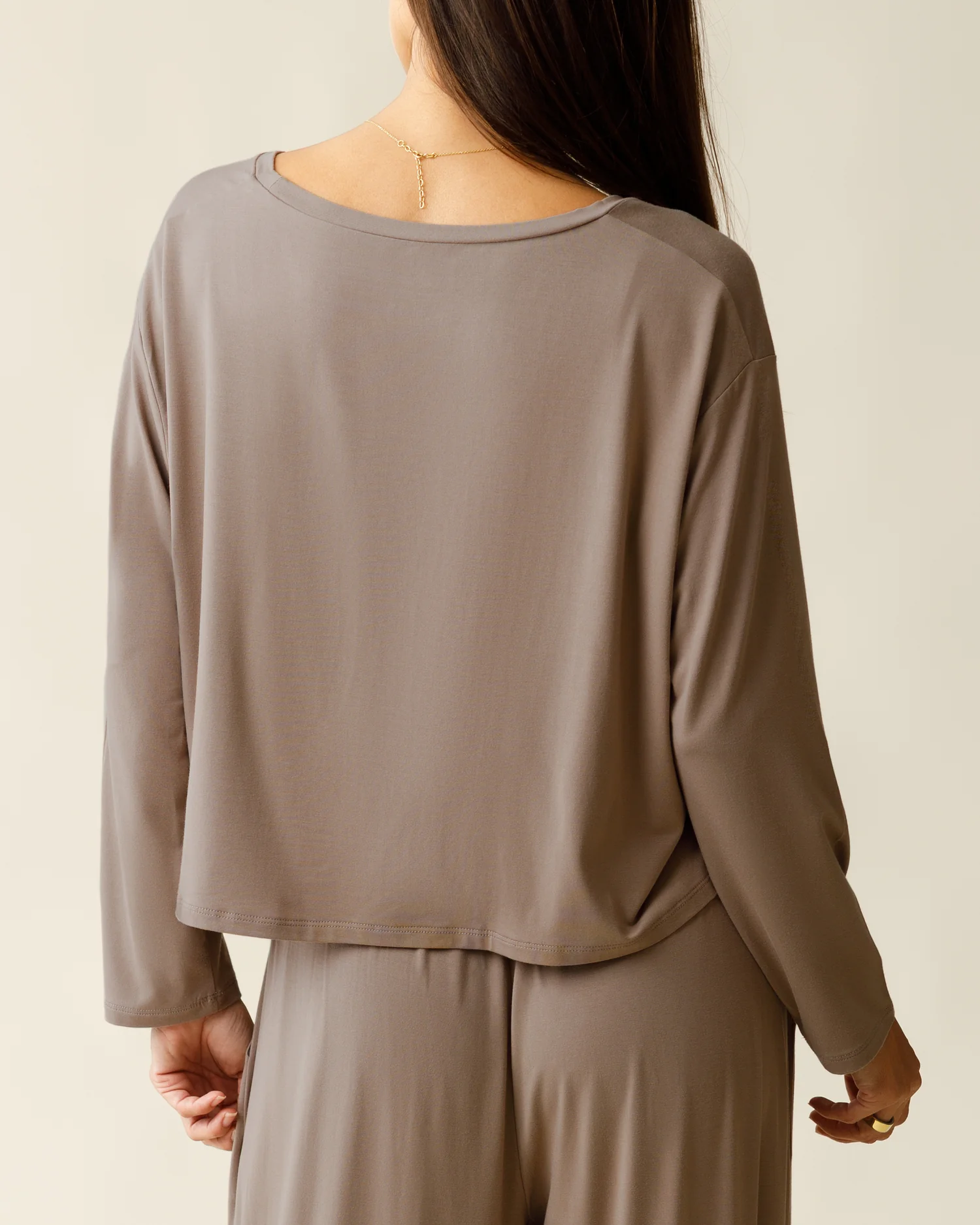 Aria Bamboo Casual Cropped Long Sleeve Top | Taupe - Image 3